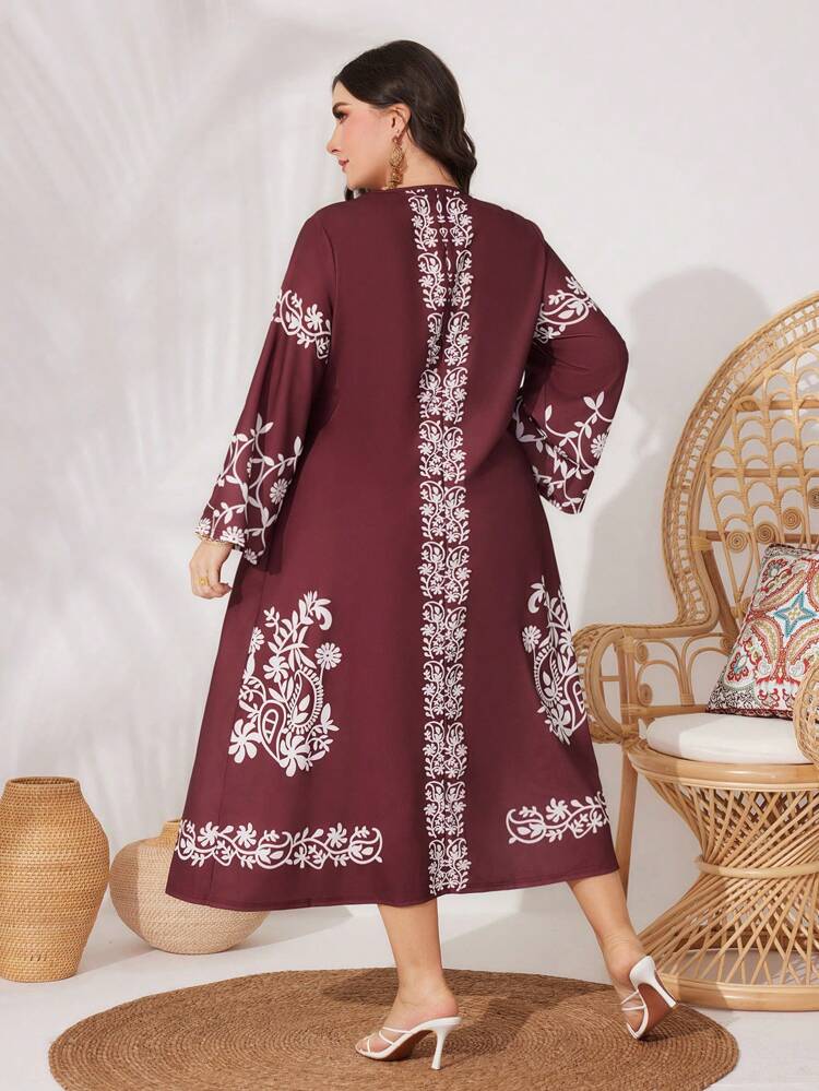 Plus Size Women's Floral Printed Arab Long Sleeve Dress