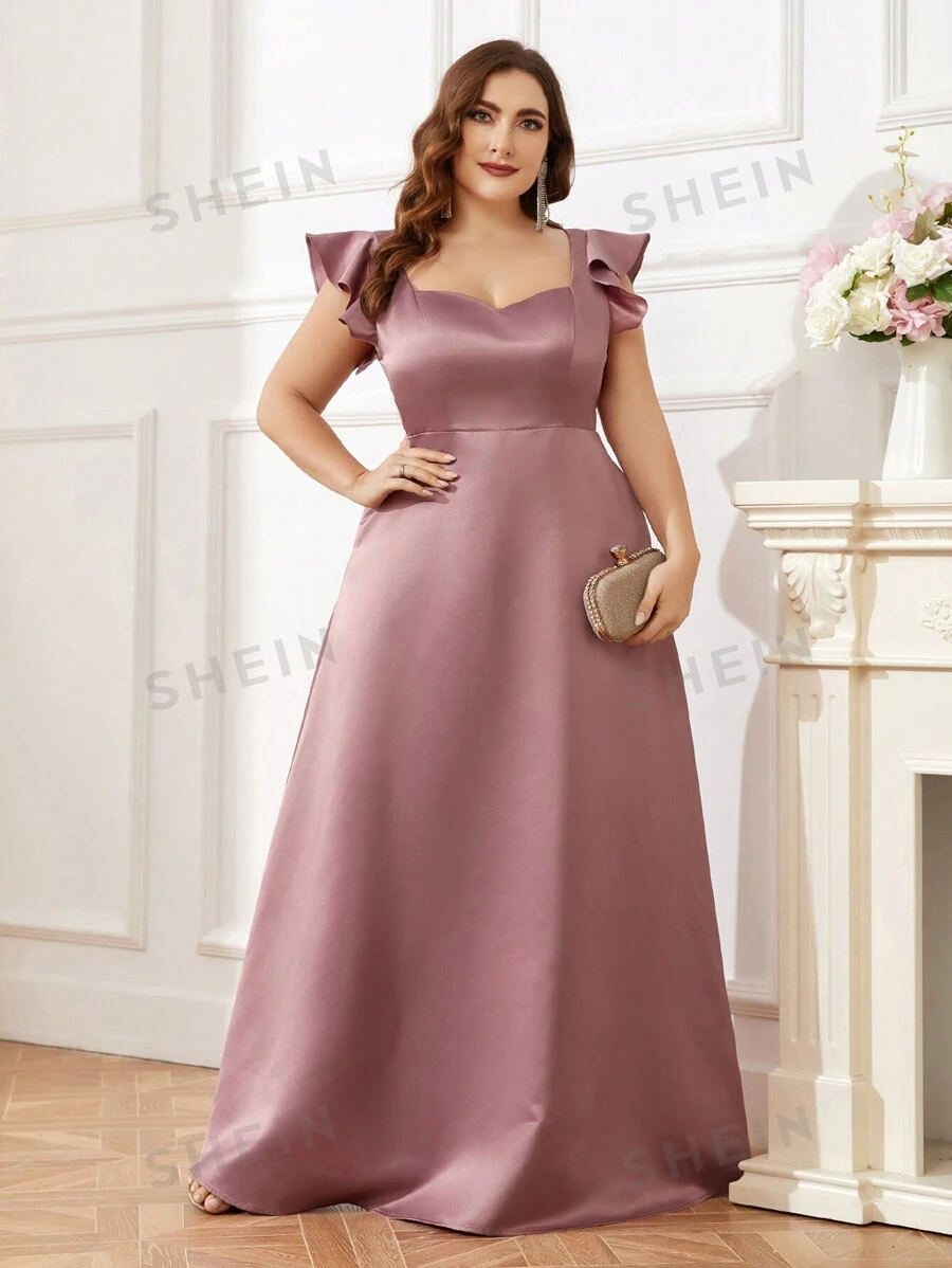 SHEIN Belle Petite Curve Große Größen Lotus Rosa Herzausschnitt Rüschenärmel Einfaches elegantes Abschlussballkleid, Brautmutterkleid/Brautjungfernkleid - Rosenrot - Übersicht 1