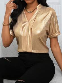 Xyvia 亮面缺口领衬衫，适合节日派对穿着 - 金色 - 查看 3