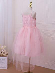 中小學女生優雅花卉網眼肩帶粉色連衣裙,夏季