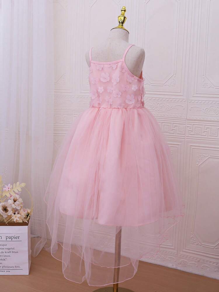 Tween Girls' Elegant Floral Mesh Spaghetti Strap Dress In Pink, Summer