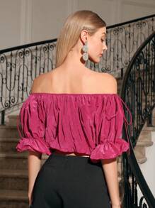 Zolique Blusa De Hombros Descubiertos Para Mujeres Con Mangas Acampanadas - Rosa Fucsia - Ver 2