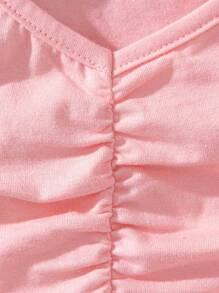 3pcs/Set Tween Girl Knitted Solid Color Pleated Short Casual T-Shirt - Multicolor - View 4