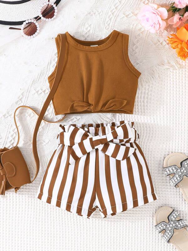 Baby Girl Summer Knot Hem Tank Top And Striped Paperbag Waist Belted Shorts Set