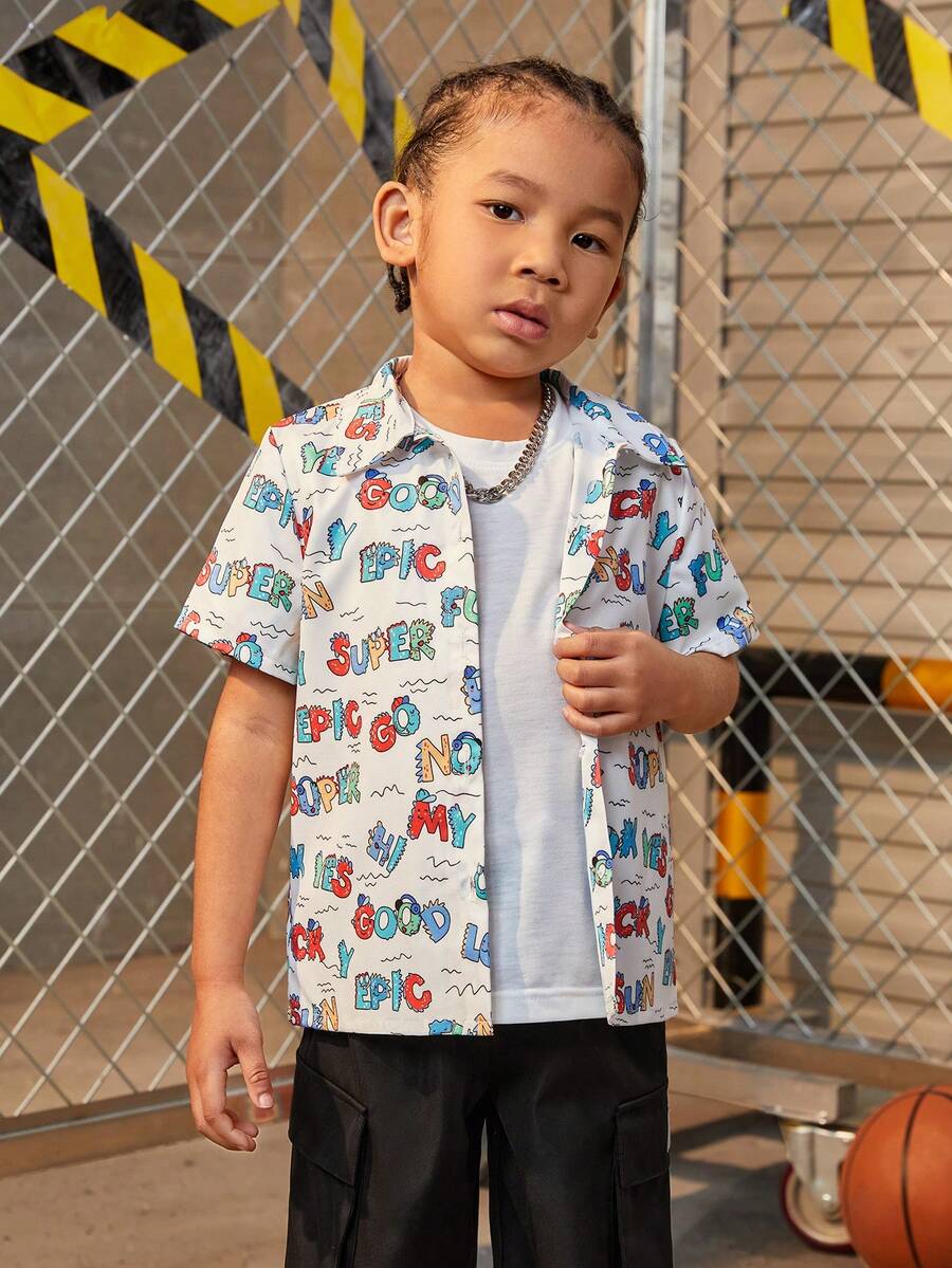 SHEIN Explorewe 男孩可愛字母印花短袖襯衫 - 彩色 - 查看 1