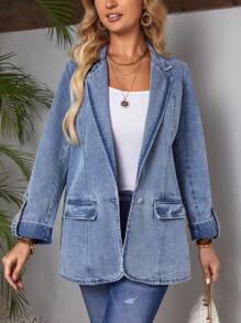 SHEIN LUNE Giacca In Denim Con Maniche Risvoltate E Colletto Rovesciato