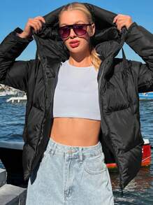 EURMUSE Women's Solid Color Long Sleeve Zipper Front Pocket Casual Hooded Winter Jacket - Black - View 3