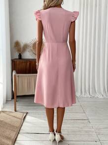 SHEIN Clasi Women's Contrast Mesh Flower Embroidery V-Neck Ruffle Edge Trim Decor Dress - Pink - View 2