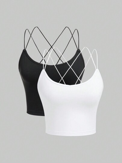 2 Piezas Basic Slim Fit Camiseta De Tirantes De Color Sólido Para Mujer, Versátil