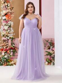 SHEIN Belle Váy dạ hội thanh lịch cổ chữ V sâu, màu tím nhạt, ánh vàng và bạc, nhiều lớp lưới xếp nếp cỡ lớn cho nữ, váy phù dâu, váy cưới, váy tốt nghiệp, váy dạ hội, váy dự tiệc, dự tiệc tối - Màu tím hoa cà - Xem 1