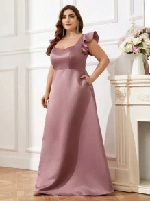 SHEIN Belle 纯色简约大码伴娘礼服优雅正式晚会舞会婚礼宾客礼服，适合毕业典礼、晚宴派对礼服 - 藕粉色 - 查看 6