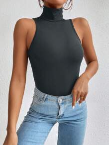 SHEIN Essnce Cổ cao Không tay Áo liền quần chặt - Màu xám đen - Xem 6