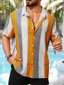 Manfinity Homme 男士對比色鈕扣襯衫,大尺寸 - 彩色 - 查看 4