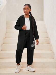 Cô gái Tween Thể thao Trang phục trên phố Đan Dài Khóa kéo-lên Hoodie Và Quần Chạy bộ Bộ - màu đen - Xem 3