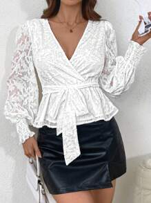 SHEIN Privé 女士春款提花白色襯衫 - 白色 - 查看 3