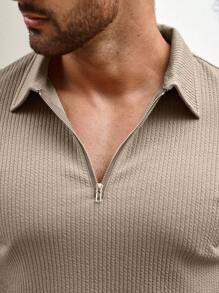 Men'S Solid Color Half-Zip Polo Shirt And Shorts Set - Khaki - View 6