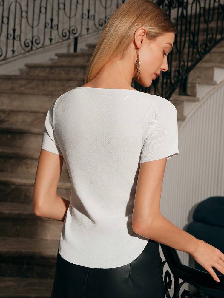 Knitted Long Sleeve Top With Rhinestone & Hollow Out Detail