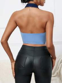 GENKIRA Màu sắc Chặn Denim Áo hai dây - Rửa trung bình - Xem 2