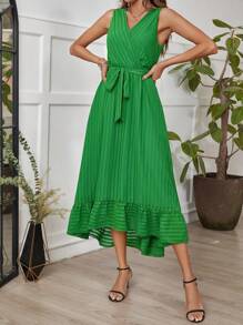 SHEIN Clasi St Patrick Ruffle Hem Wrap Bottom Jacquard Green Dress - Green - View 5