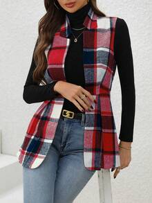 SHEIN LUNE Abrigo De Lana Con Chaleco A Cuadros - Rojo - Ver 4