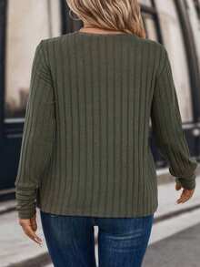 SHEIN LUNE Plus Size Women's Round Neck Long Sleeve Ribbed T-Shirt - Army Green - View 2
