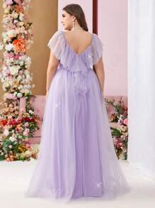 SHEIN Belle Váy dạ hội thanh lịch cổ chữ V sâu, màu tím nhạt, ánh vàng và bạc, nhiều lớp lưới xếp nếp cỡ lớn cho nữ, váy phù dâu, váy cưới, váy tốt nghiệp, váy dạ hội, váy dự tiệc, dự tiệc tối - Màu tím hoa cà - Xem 4