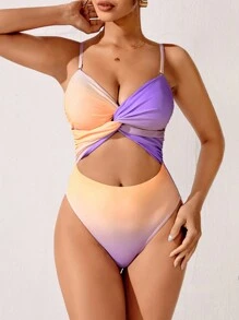 女性彩色拼接扭結和空心設計一片式泳裝 - 彩色 - 查看 5