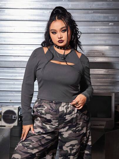 تي شيرت نسائي طويل الأكمام لأحجام كبيرة مع فتحات جانبية