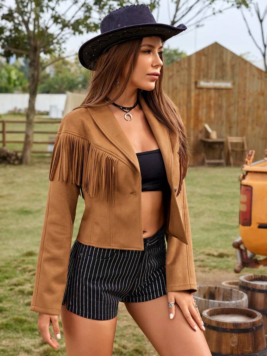 RELISH NOLESS 流苏装饰翻领绒面革羊毛夹克 - 駝色 - 查看 1