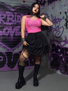 ROMWE Grunge Punk Plus Size Y2k Millennium Pink Valentine's Day Rhinestone Embellished Short Tight Tank Top For Summer - Pink - View 1