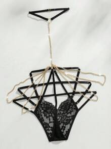 SHEIN 女士性感蕾丝和链条外出内衣 - 黑色 - 查看 2