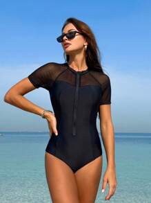 Swim SPRTY Summer Beach Women's One-Piece Swimsuit Mesh Splice Design - Black - View 4