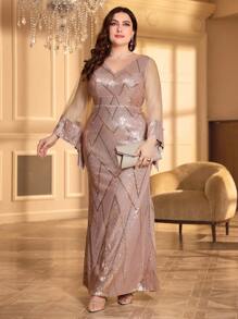 Váy dự tiệc Maxi sequin lưới tương phản dài tay cỡ lớn cho nữ, Váy cô dâu, Trang phục sinh nhật cho phụ nữ, Váy tốt nghiệp, Váy trang trọng - Hồng - Xem 5