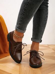 女士春秋季休闲复古系带牛津鞋，舒适圆头平底鞋，乐福鞋