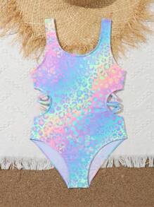 Tween Girls' Gradient Leopard Print Hollow Out One-Piece Swimsuit - Multicolor - View 3