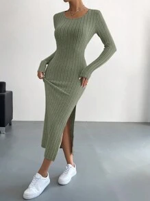 SHEIN Essnce Vestido De Abertura Con Costillas Para Mujer - Verde - Ver 4