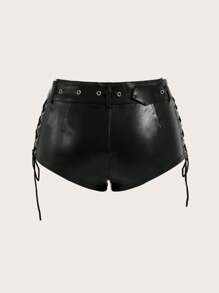 SHEIN ICON Y2k低腰十字肩帶PU黑色熱褲 - 黑色 - 查看 3