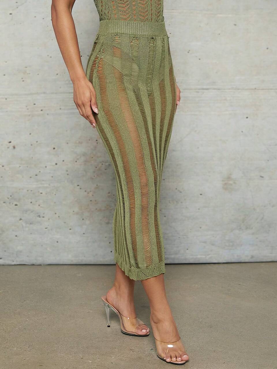 Cover Ups Green Crocheted Spring And Summer Holiday Clothes Hollow Straight Tight Stretch Mid-Length Women's Skirt