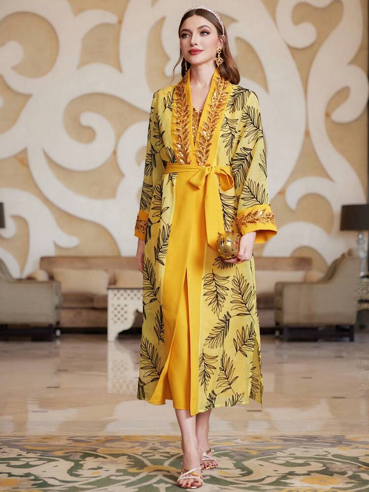 Women'S Floral Printed Sequin Splice Jacket And Dress Set 2 Piece Set Fall Cloth For Women