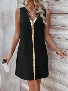 SHEIN LUNE 女士寬鬆拼接亮片凹口領連衣裙