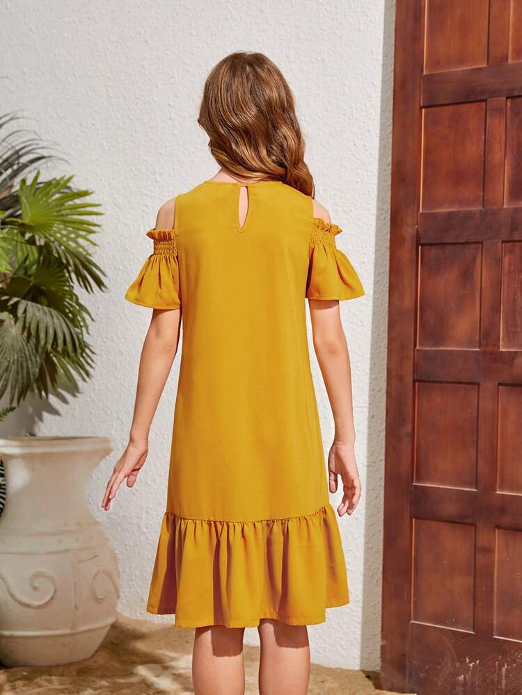Tween Girls' Plain Color Off-Shoulder Ruffle Trim Dress