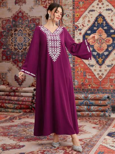 Al Najma Geometric Print Long Sleeve Arabian Dress, Modest