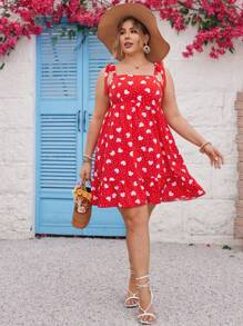 SHEIN VCAY Plus Size Heart Polka Dot Printed Spaghetti Strap Tea Party Dress/Valentine's Day - Red - View 3