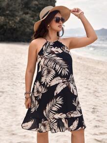 SHEIN VCAY Plus Size Boho Plant Print Halter Neck Summer Dress