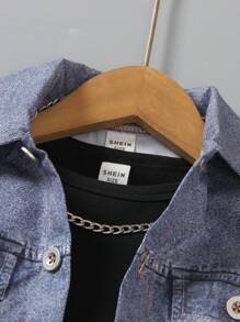SHEIN Colete de jeans e shorts com efeito denim e conjunto de camiseta de manga curta com pescoço redondo para menino jovem