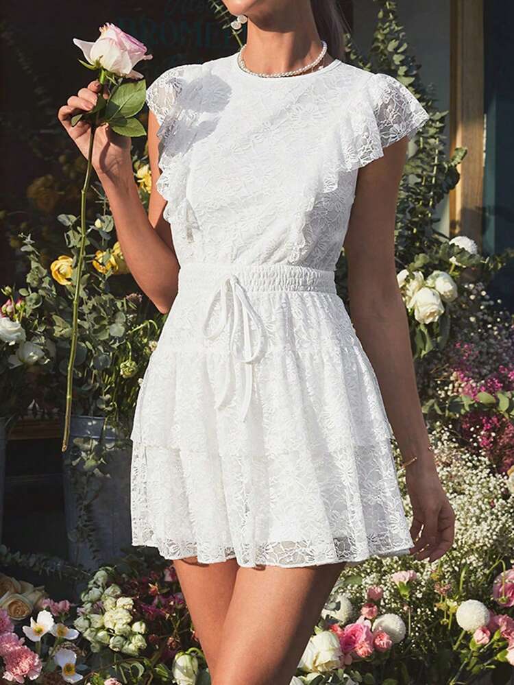 Women's Lace Flounce Trim Cinching Waist Jumpsuit