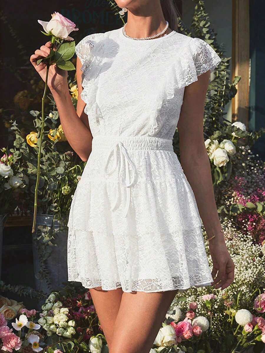 SHEIN LUNE Women's Lace Flounce Trim Cinching Waist Jumpsuit - White - View 1