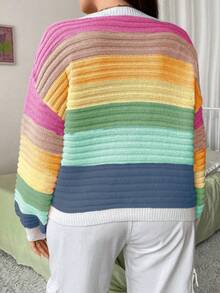 SHEIN MOOSTA Plus Size Rainbow Striped Long Sleeve Pullover Sweater - Multicolor - View 2