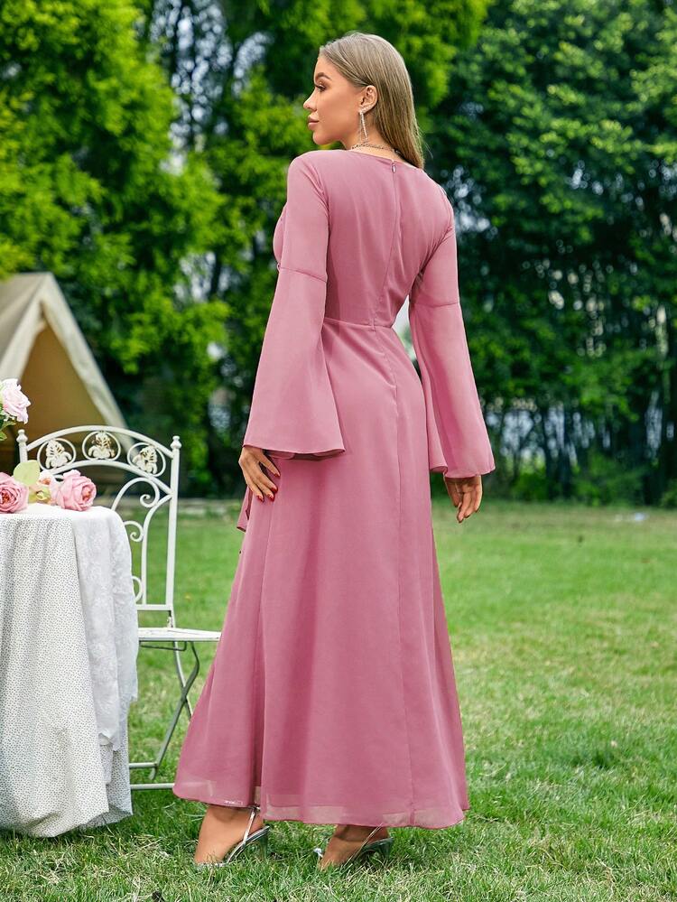 Square Collar Flared Long Sleeve Dress With Ruffle Hem Chiffon Dress