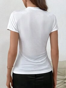 SHEIN Privé 女式立領t恤,具有垂墜褶皺設計 - 白色 - 查看 2
